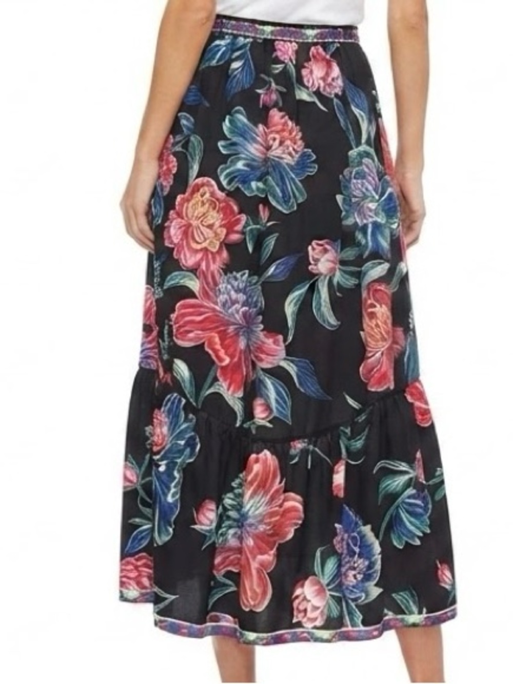 Flying Tomato Floral High Low Ruffle Maxi Skirt Black Multicolor Small